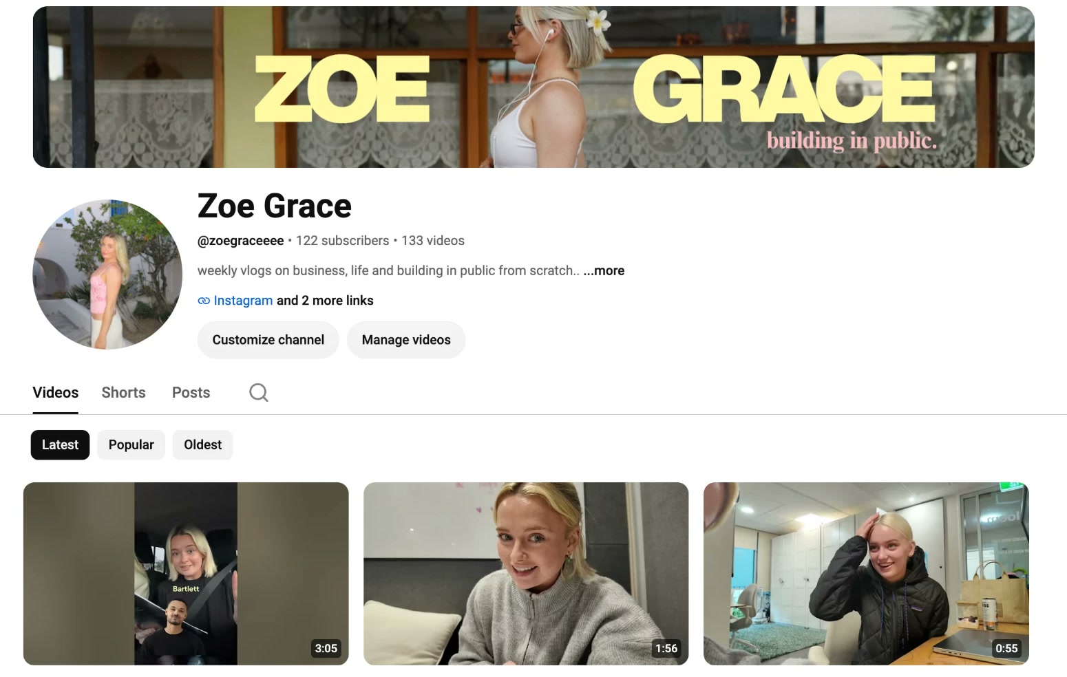 Zoe Grace's YouTube channel: banner, profile, and her three latest videos